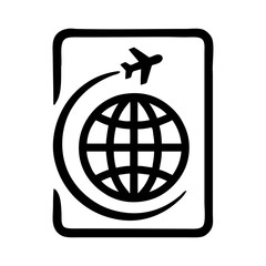 Logo agencia de viajes. Dibujo sencillo con líneas de un avión alrededor de un globo terráqueo en el interior de un cuadrado  © teracreonte