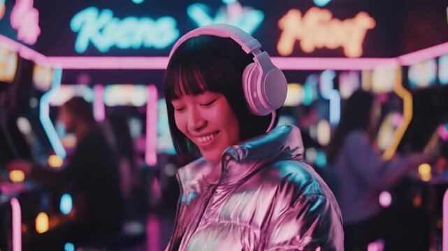 A woman smiles wearing headphones in a neon-lit arcade. She is wearing a shiny, metallic jacket