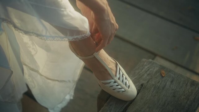 Intimate Moment Of Bride Fixing Her Sandal. Warm Sunrise Illuminates Bride Adjusting Footwear On Dock