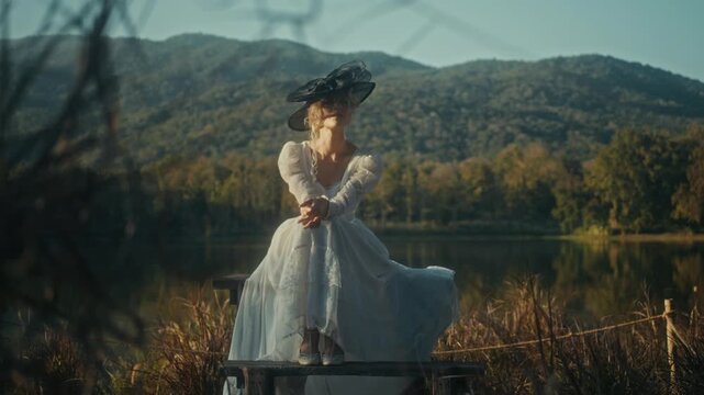 Graceful Woman Dressed In White With Suitcase Taking Slow Walk Near Tranquil Mountain Shoreline