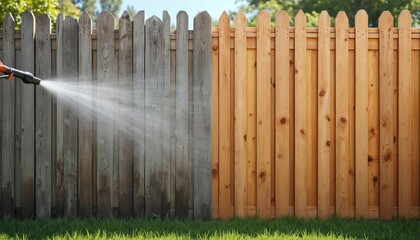 Fototapeta premium Pressure washing transforms weathered wood fence. One side is grey and dirty, the other is clean and bright. Backyard cleaning service makes home exterior look new. Restoration process is clear.