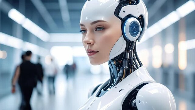 Realistic female humanoid robot with white robotic components standing in a bright futuristic indoor corridor