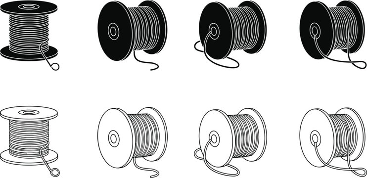 Electrical Cable Spool Set with Wire Reel Rolls in Solid and Outline Style Vector Illustration Collection for Industrial and Construction Design