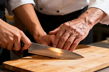 Obraz premium Culinary mentorship and guidance: A skilled chef expertly guides a student, hand-in-hand, in the proper technique of slicing using a sharp knife on a wooden cutting board.