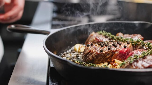 Chef seasoning sizzling juicy steaks in a cast iron skillet with garlic and fresh herbs for delicious gourmet cooking