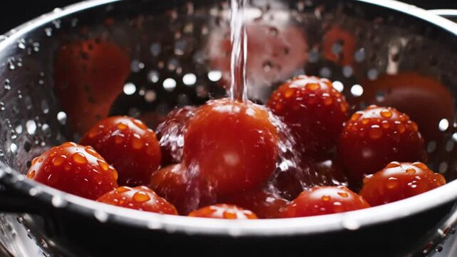 Washing fresh red ripe tomatoes with water in a stainless steel colander against a dark background for cooking preparations
