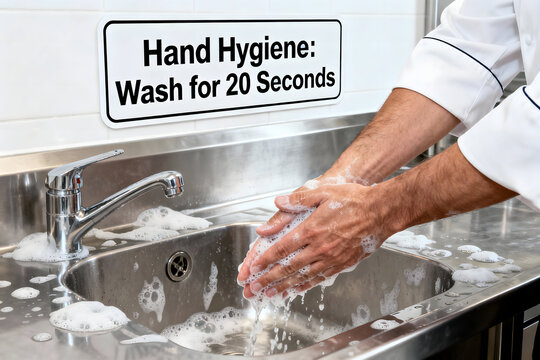 Hand Hygiene in the Kitchen: A culinary professional diligently washes hands, promoting food safety and upholding stringent hygiene standards.