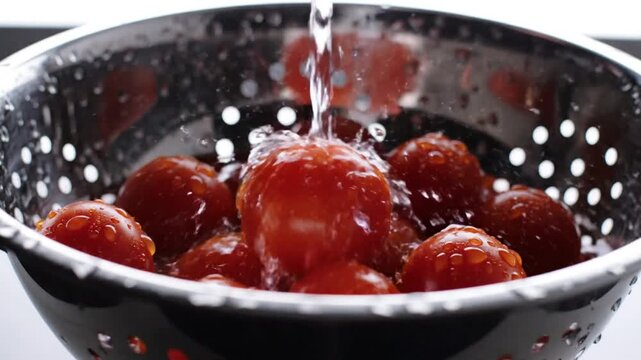 Washing fresh red cherry tomatoes under running water in a silver colander for preparation