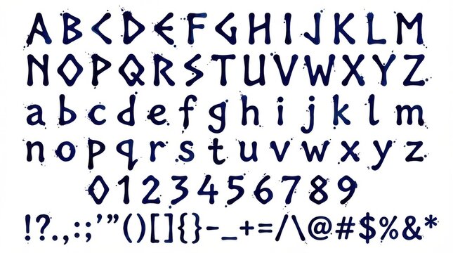 font alphabet in deep sea shadow shard glowing rune display style from a to z numbers punctuation isolated on white background