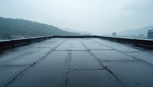 Wet flat roof with tiled surface and railing overlooks misty city skyline. Buildings and green hills are visible under overcast sky. Waterproofing material reflects light.