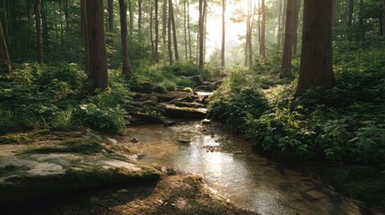 Obraz premium Serene Forest Landscape with Gentle Stream and Sunlight Filtering Through Tall Trees in a Tranquil Natural Environment
