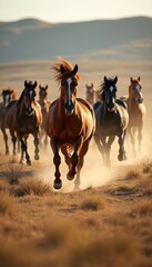 Fototapeta premium Herd of horses gallop across dry grassy terrain raising dust in golden hour light. Animals run together in open field with mountains in background. Powerful mammals move fast.