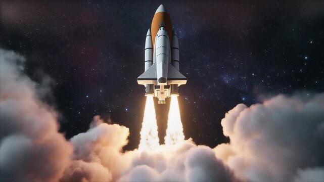 Rocket Blasting Off into Night Sky.