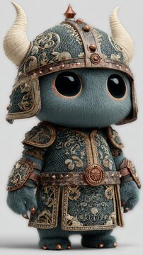 Charming 3d chibi drink warrior with ornate armor and large horns