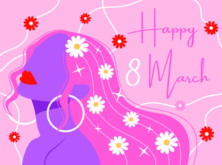 Illustration of a girl on a light pink background. Greeting card for Women's Day.