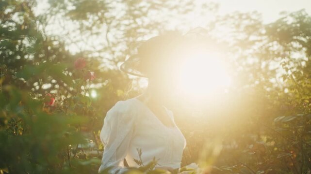 Backlit Woman Wearing Vintage Clothing In Nature. Serene Scene Of Lady In Classic Dress Under Sunlight