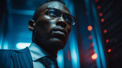 Cybersecurity expert navigating a data center's vibrant glow