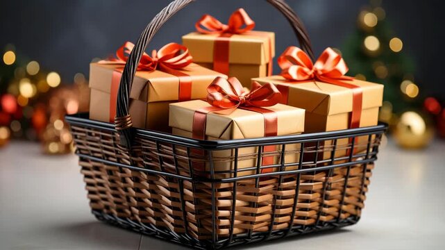 Wicker basket filled with gold gift boxes and red ribbons with festive Christmas bokeh background