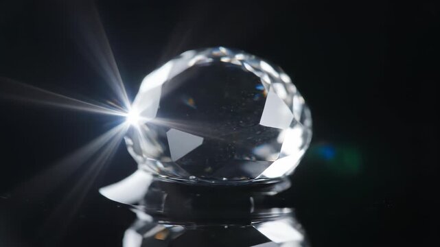 Close-up of a sparkling diamond on black reflective surface
