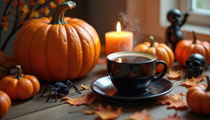 Naklejka premium Halloween pumpkins and steaming coffee cup sit on wood table with candle and autumn leaves. Spooky spider and skulls add festive, cozy atmosphere for fall holiday celebrations.