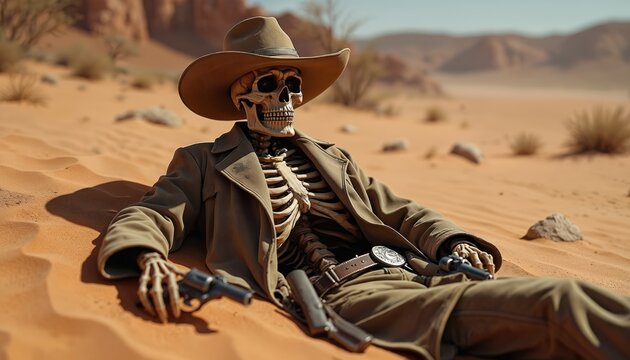 Skeleton cowboy with guns rests in desert sand dunes. He wears a hat and coat. Dry arid landscape with sparse bushes. Daytime sun illuminates scene.