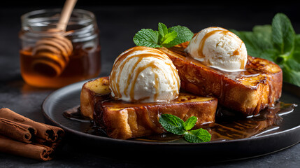 French toast with ice cream and honey