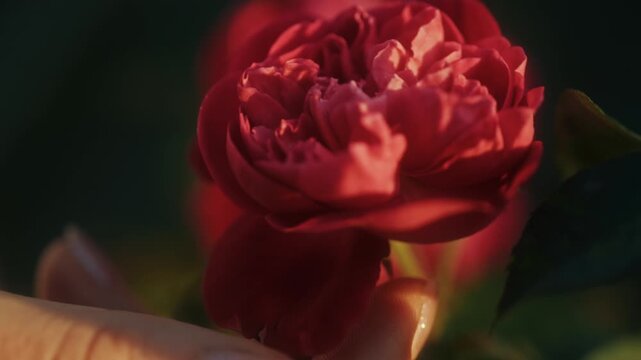 Gentle Hand Caresses Blooming Petals. Soft Lighting Highlights Delicate Flower Petal Textures