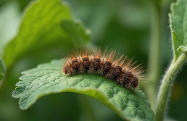 Fototapeta premium Brown fuzzy crawls on green leaf. Insect larva eats plant leaves in garden. Macro view of garden pest harming vegetable crops. Nature wildlife insect.