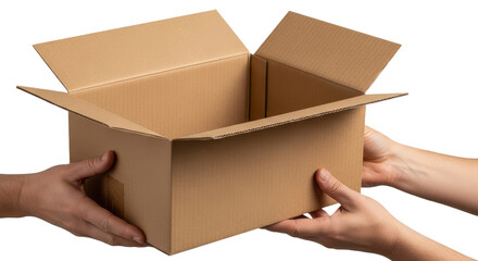 Two hands holding up an open empty brown cardboard delivery box. Isolated on transparent background, png