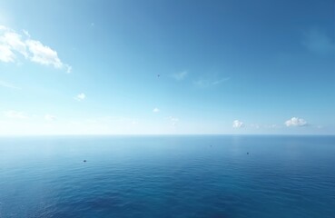 Obraz premium Vast blue ocean stretches to clear horizon under bright sky. Several aircraft fly over water creating sense of openness, tranquility. Serene seascape offers calming visual for relaxation travel