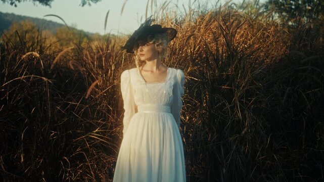 Woman In Field. Nostalgic Scene With Woman In Flowing White Dress Amid Tall Golden Grass At Sundown