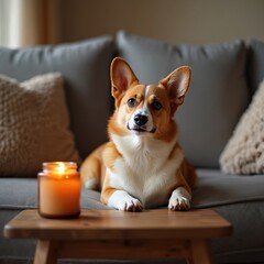 Corgi dog rests on sofa near burning candle. Cozy living room scene with pet and warm ambient light. Relaxing atmosphere indoors, comfortable home environment.