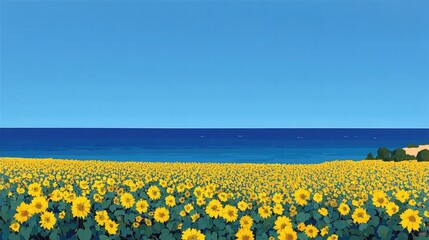 Obraz premium Vibrant Sunflower Field Against a Clear Blue Sky and Serene Ocean Horizon with Lush Greenery in the Foreground Captivating Summer Landscape