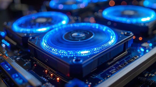Close-up of computer components with blue circular illuminated details, bokeh