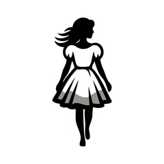 Logotipo de boutique de moda femenina. Dibujo sencillo con líneas de una mujer andando con un vestido, vista de frente  © teracreonte