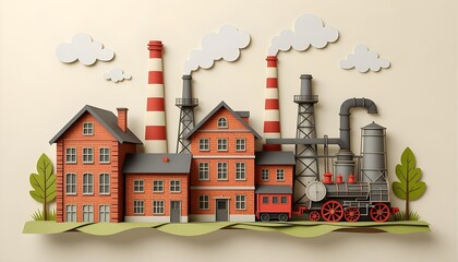 Obraz premium Industrial landscape with chimneys and factory. Paper art style. Vector illustration.