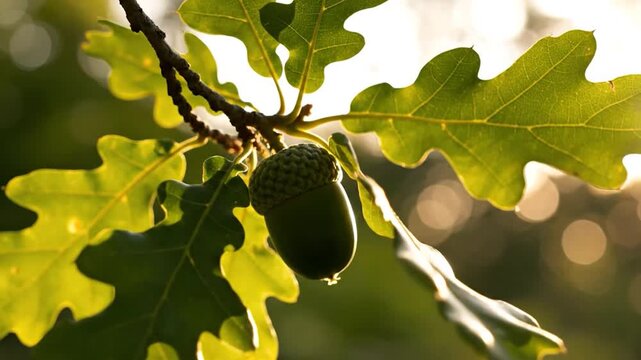 A vibrant green acorn hangs from an oak tree branch, beautifully backlit by