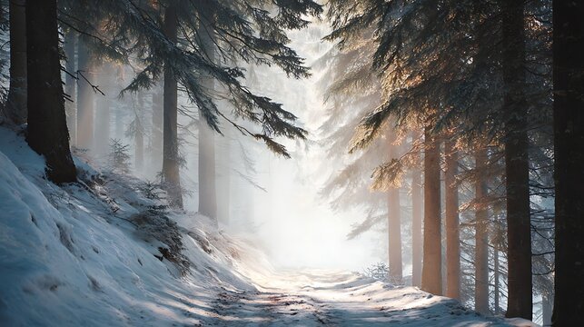 Sunlit winter forest path with snow-covered trees and radiant light beams