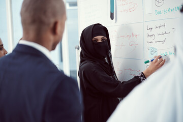 Office, training or muslim speaker at whiteboard for trading strategy, team tips or learning. Arab...
