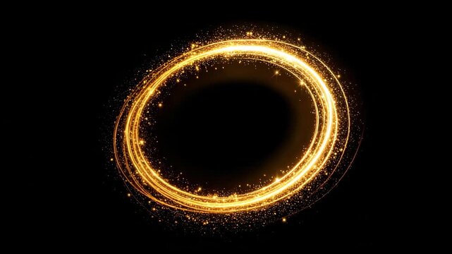 Golden sparkling ring of light trails with shimmering glitter on black background for elegant design
