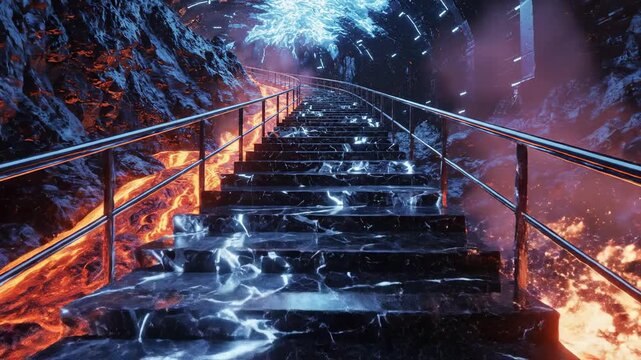 Ascending staircase in a hellscape, lit by glowing lava, a nebula, and ethereal lights