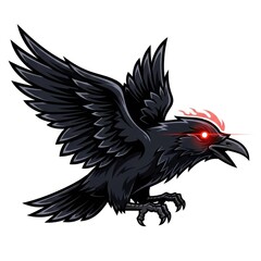 Obraz premium Cartoonish illustration of a dark raven in flight, with glowing red eyes and a fiery crest