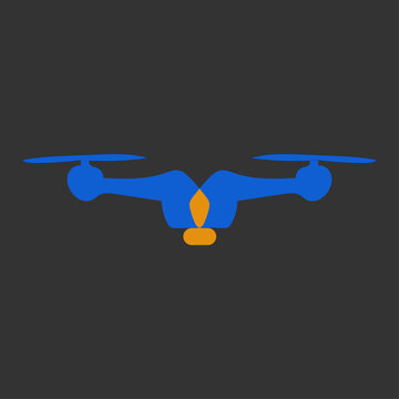 Modern blue and orange drone vector icon with propellers. Minimalist quadcopter design isolated on dark background for tech, delivery, or surveillance concepts.