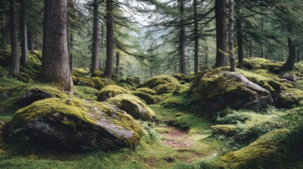 Obraz premium Serene Forest Landscape with Lush Green Mossy Rocks and Tall Evergreen Trees in Tranquil Nature Setting
