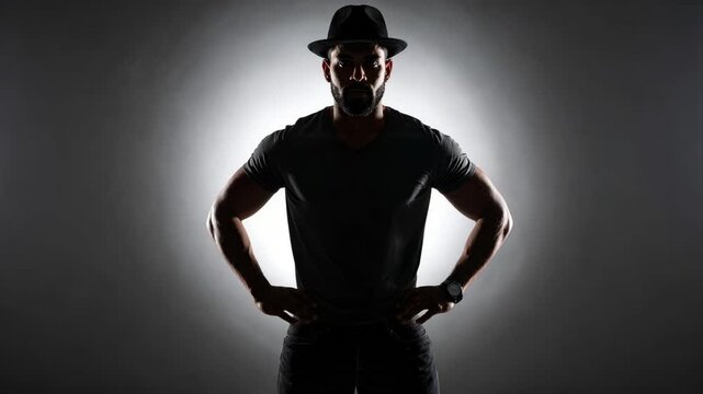 Muscular bearded man in a fedora hat posing with hands on hips against a circular backlit studio glow