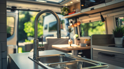 Modern kitchen setup with sink in a camper van next to a table and chairs in a forest area during the day