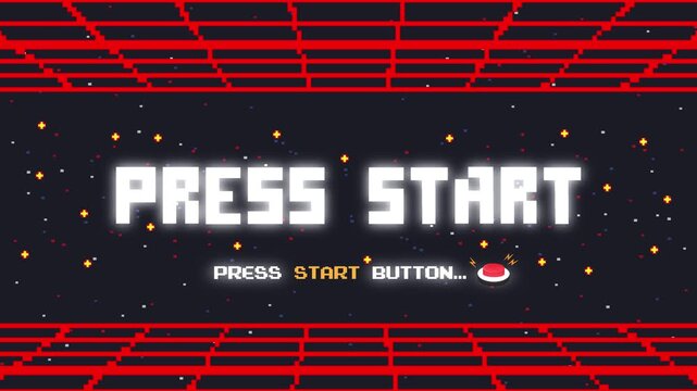 PRESS START press start button .pixel art .8 bit game.retro game. for game assets in vector illustrations.Retro Futurism Sci-Fi Background. glowing neon grid.and stars from vintage arcade comp