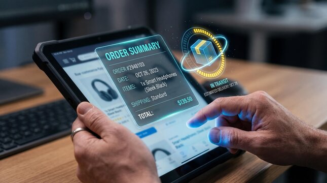 Hands holding tablet with order summary on screen in office setting with futuristic interface