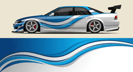 Obraz premium Sleek white race car with blue racing stripes and flowing graphic designs on a beige backdrop.