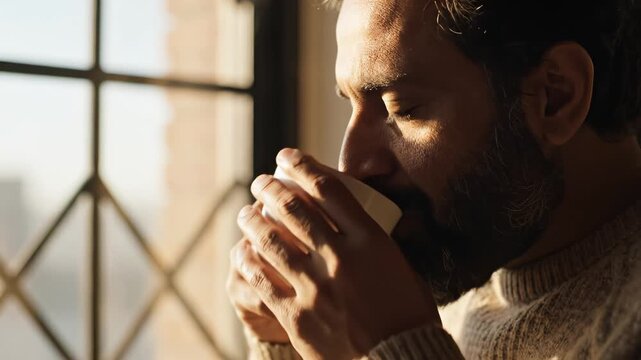Man holding cup near window